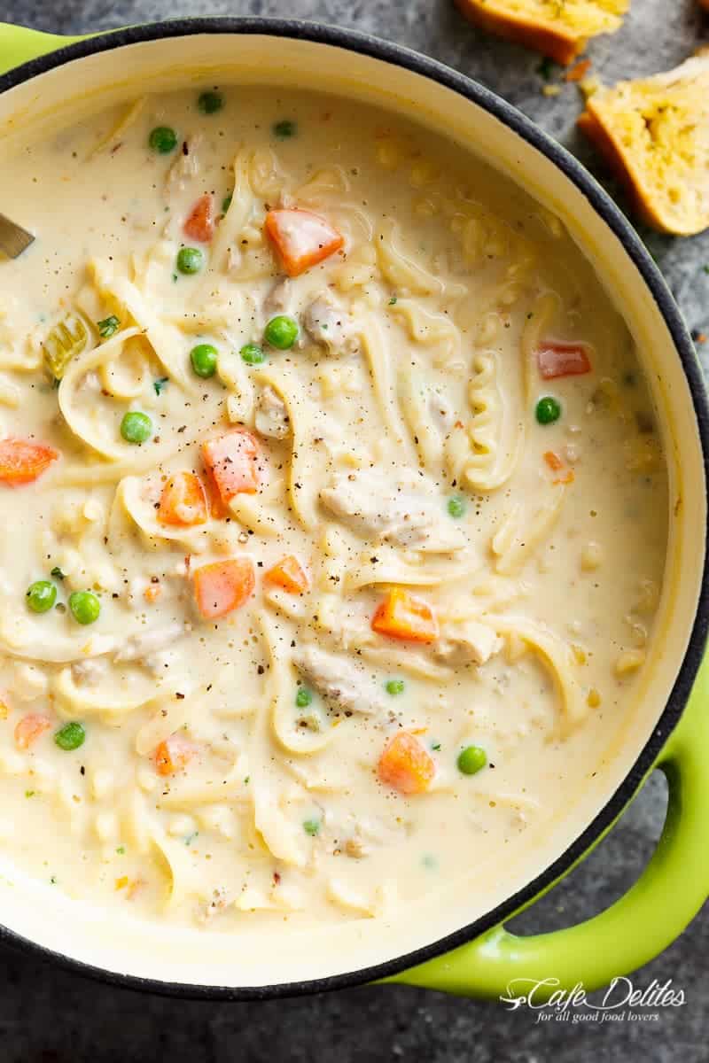 Chicken Noodle Soup with Carrots and Peas in a Casserole
