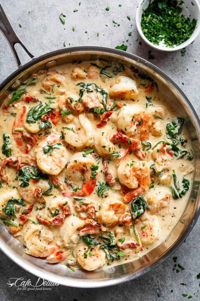 Creamy Garlic Butter Tuscan Shrimp with Spinach