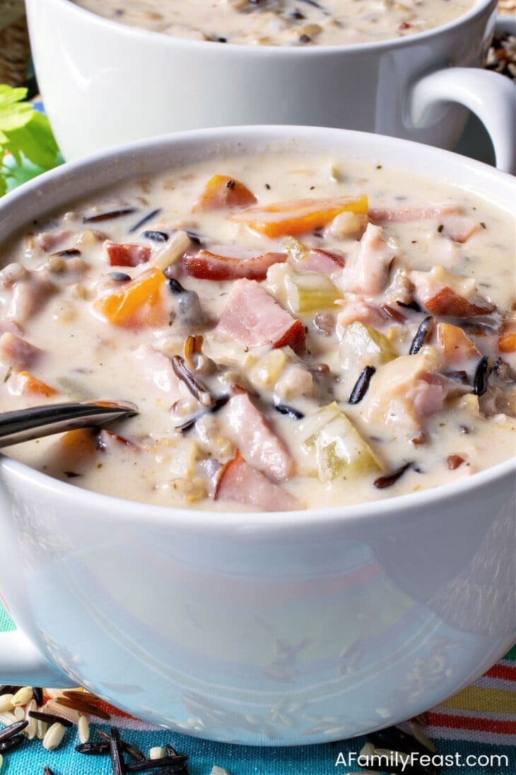 Creamy ham and wild rice soup in a bowl. 