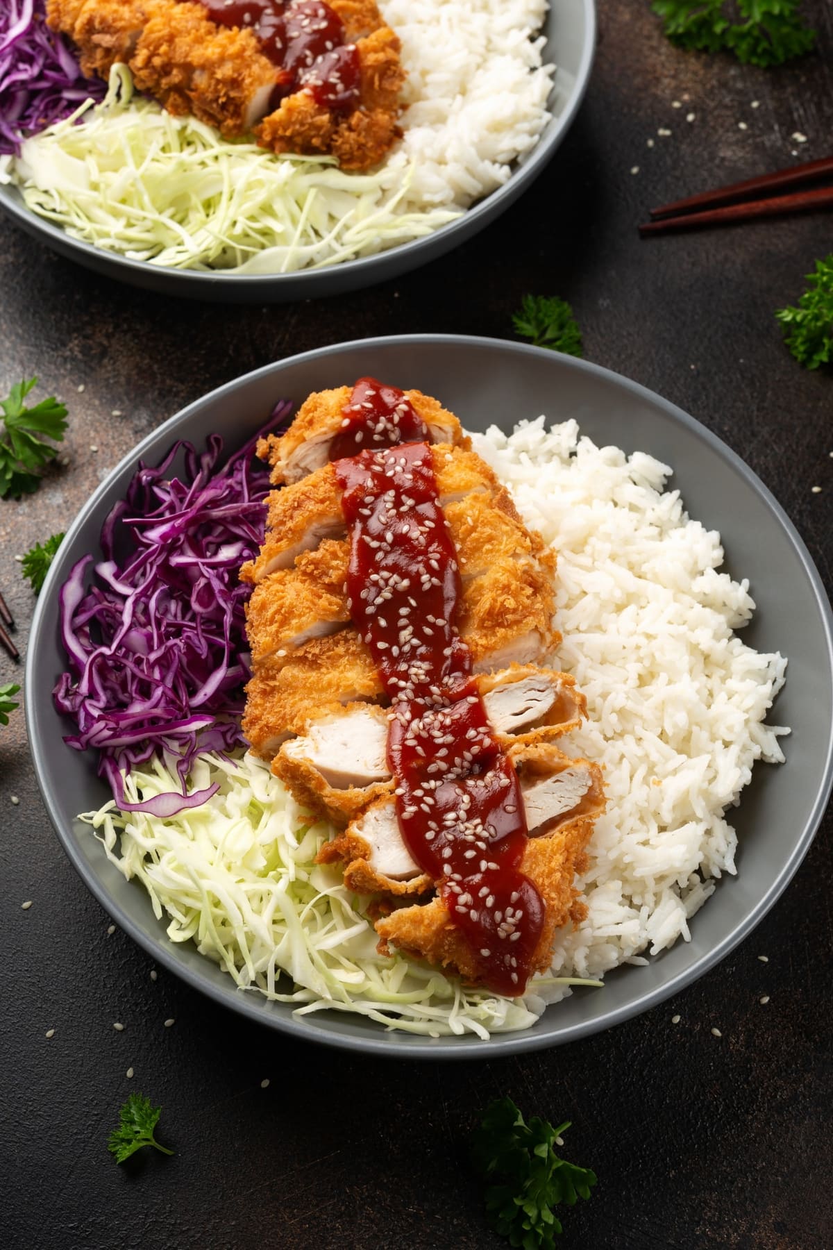 Crispy and Tender Chicken Katsu with Cabbage and Rice