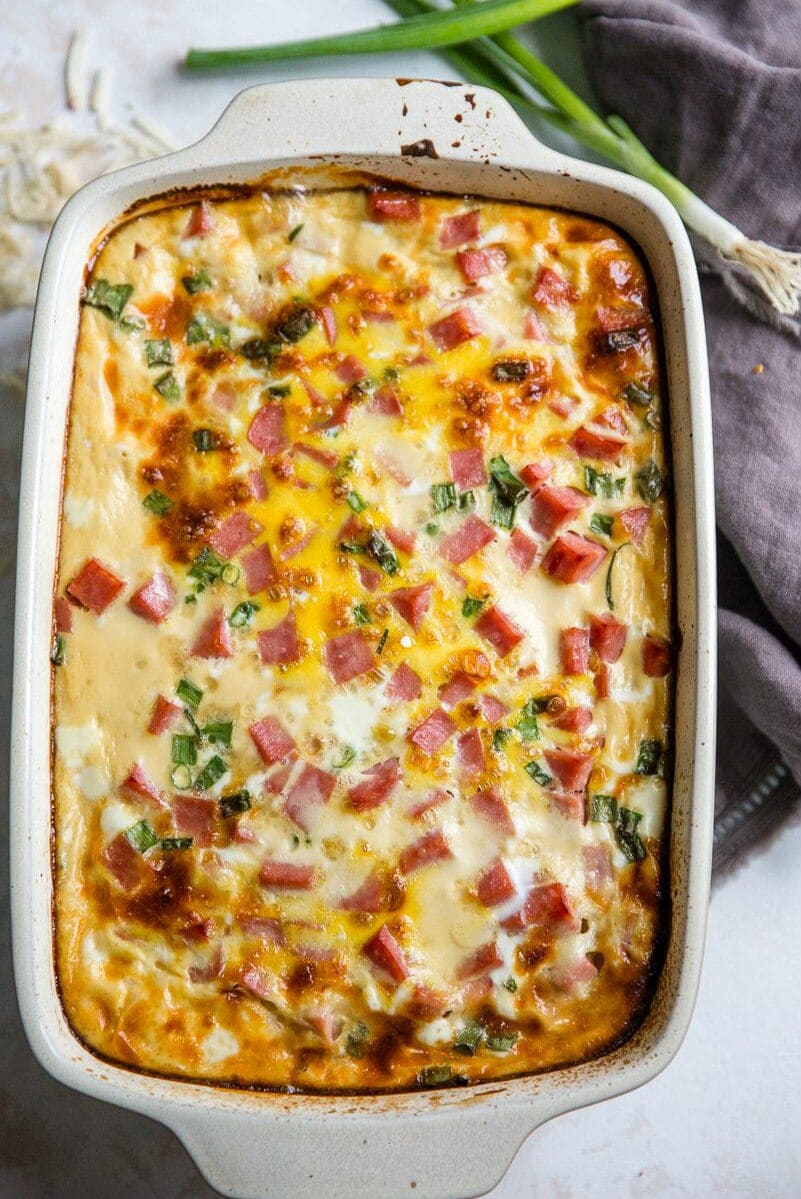 A delicious ham and cheese casserole baked in a dish, perfect for a hearty meal