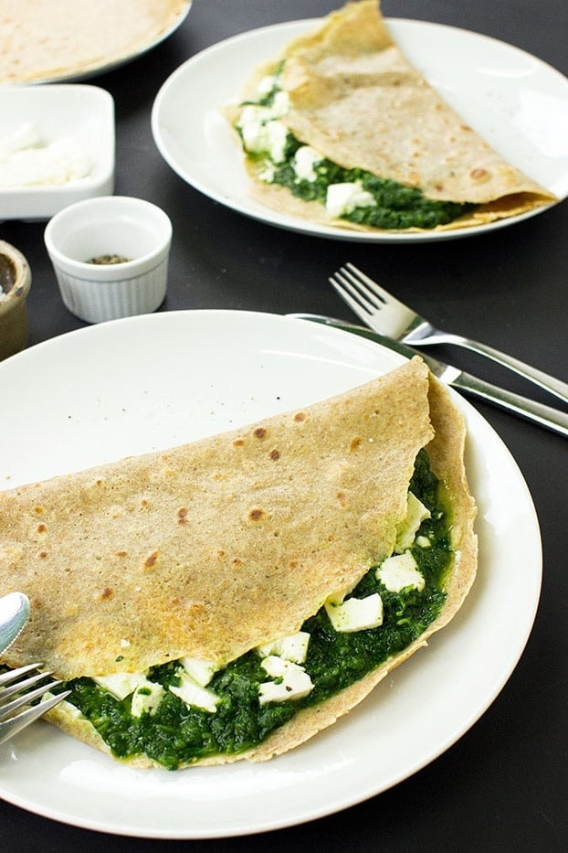 Whole grain oat pancakes with Feta and Spinach filling