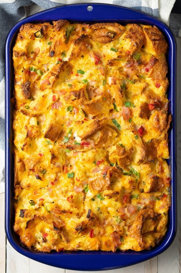 Egg casserole with deli ham, pepper, Gouda cheese, and red peppers