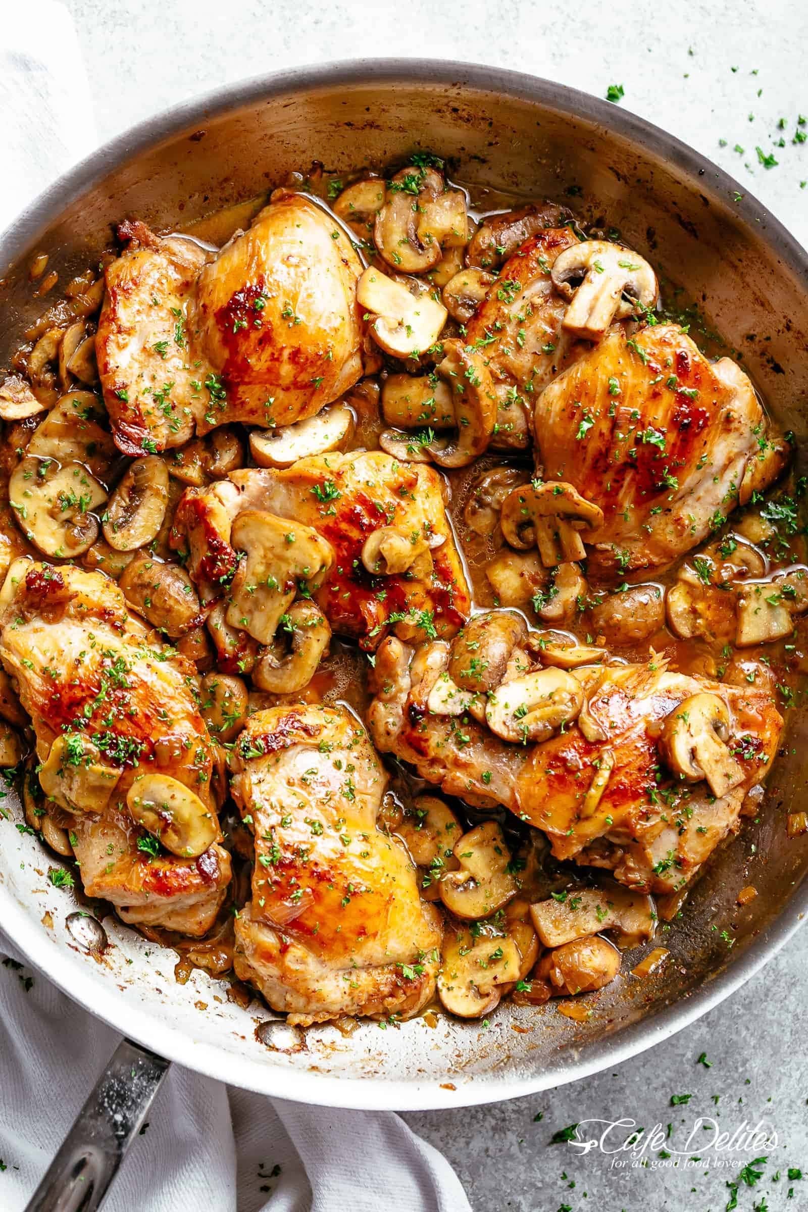 Homemade herb-infused chicken and mushroom skillet dish