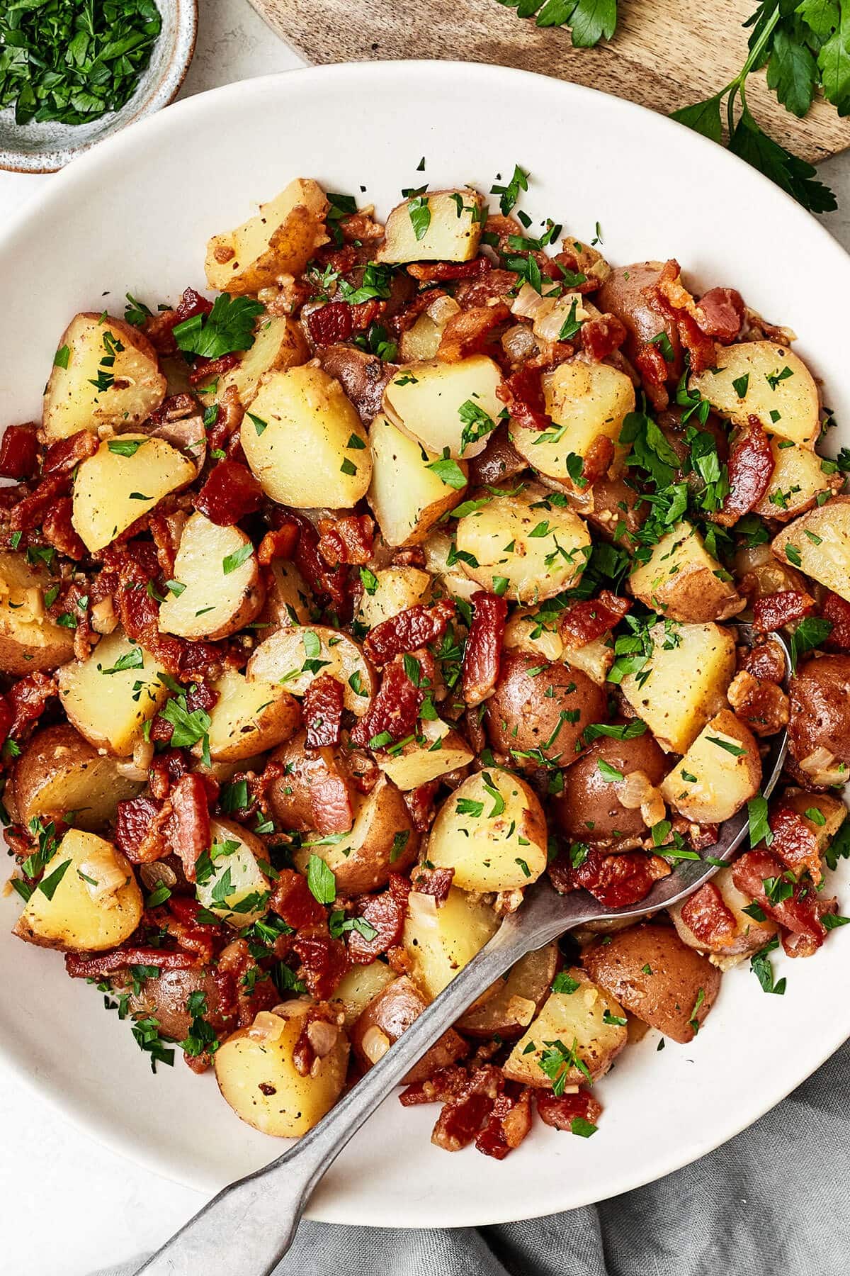German potato salad with bacon, onion and honey. 