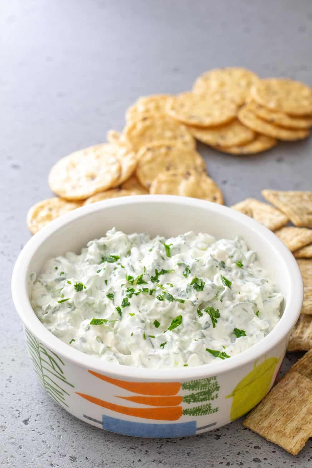 Green onion dip served on a bowl with crackers on side. 