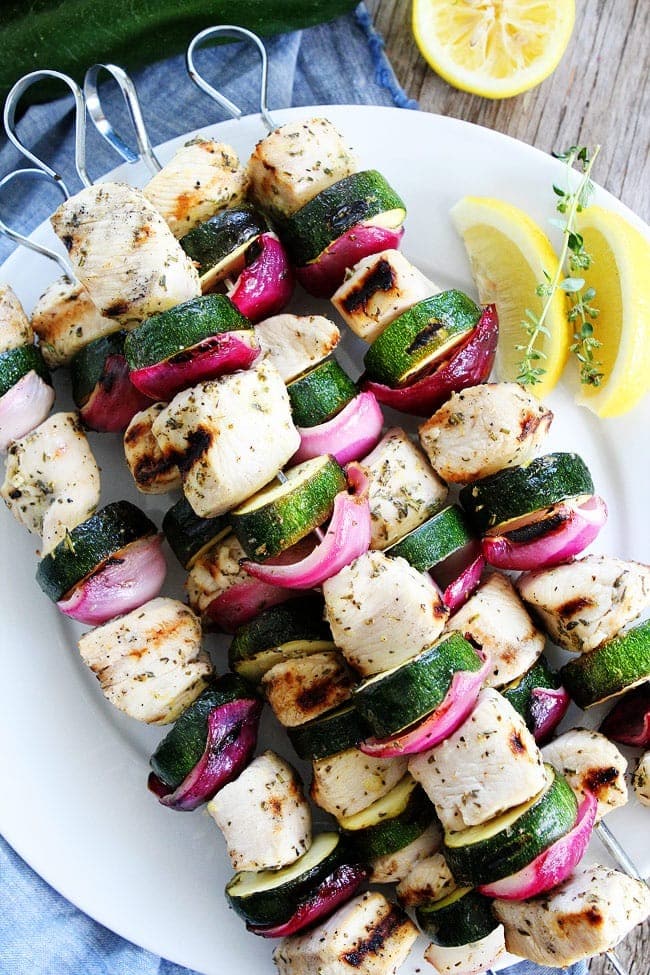 Grilled Chicken and Zucchini Kebabs on Plate. 