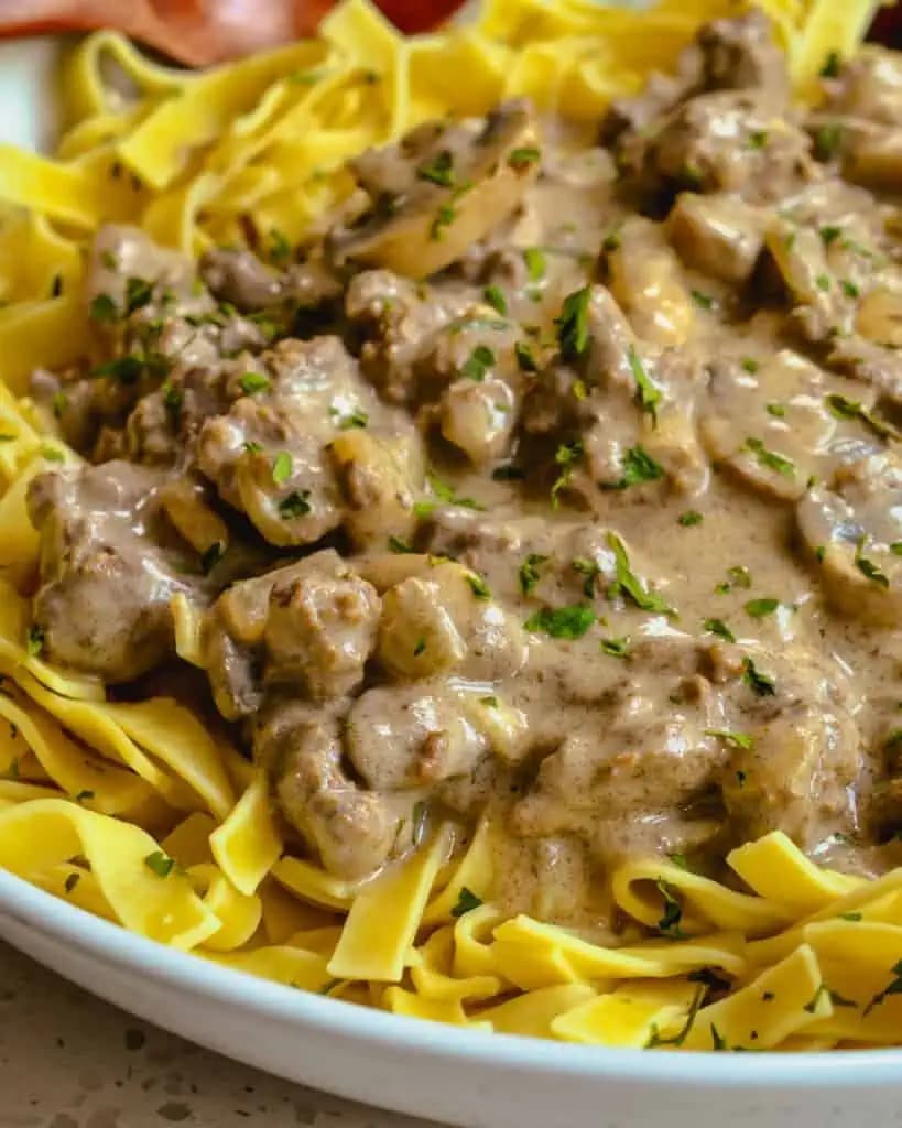 Pasta noodles topped with ground Beef Stroganoff.
