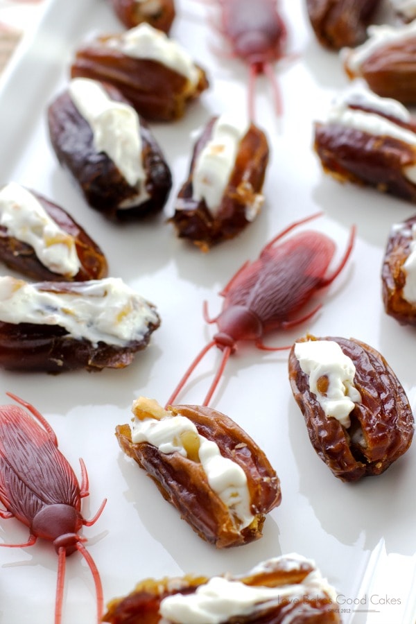 Dates stuffed with cream cheese and walnuts. 