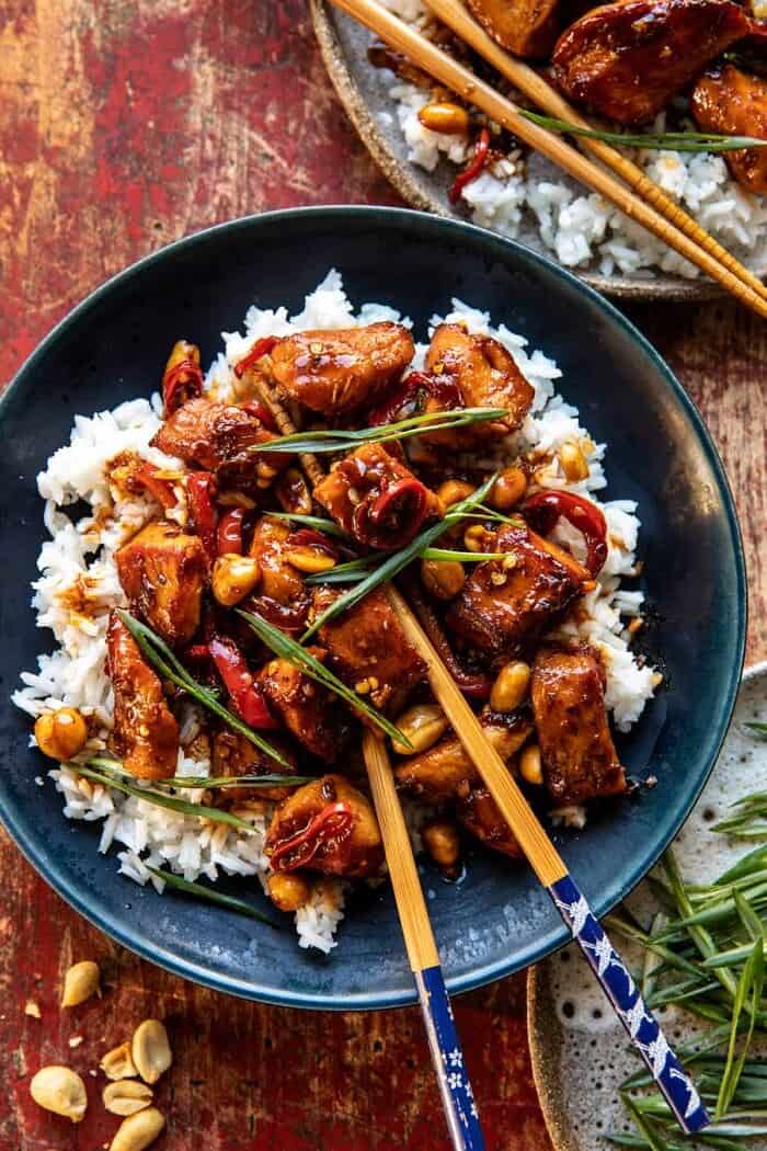Crispy, Spicy and Tangy Kung Pao Chicken in a Bowl with Sauce