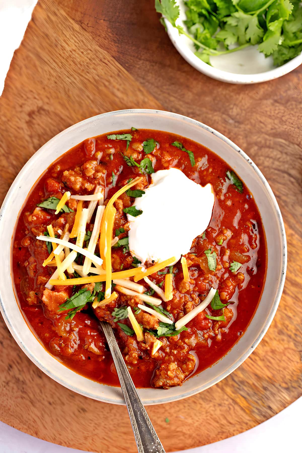 Homemade Chipotle Chili with Cheese, Sour Cream and Cheese
