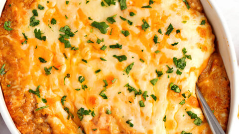 Homemade Creamy Hot Bean Dip in a White Casserole