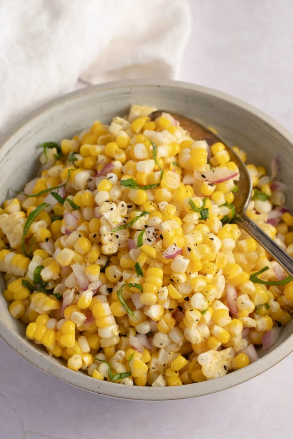 Bowl of Ina Garten corn salad. 