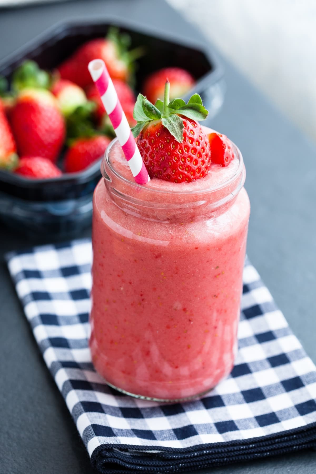 Homemade Strawberry Smoothie in a Glass Jar