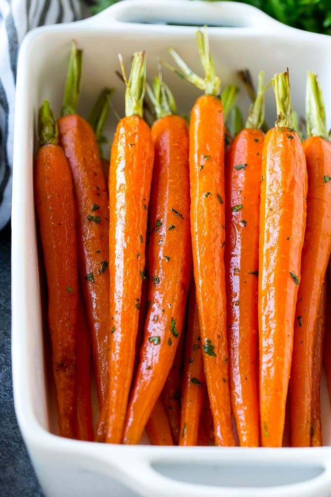 Honey roasted carrots in a baking dish. 