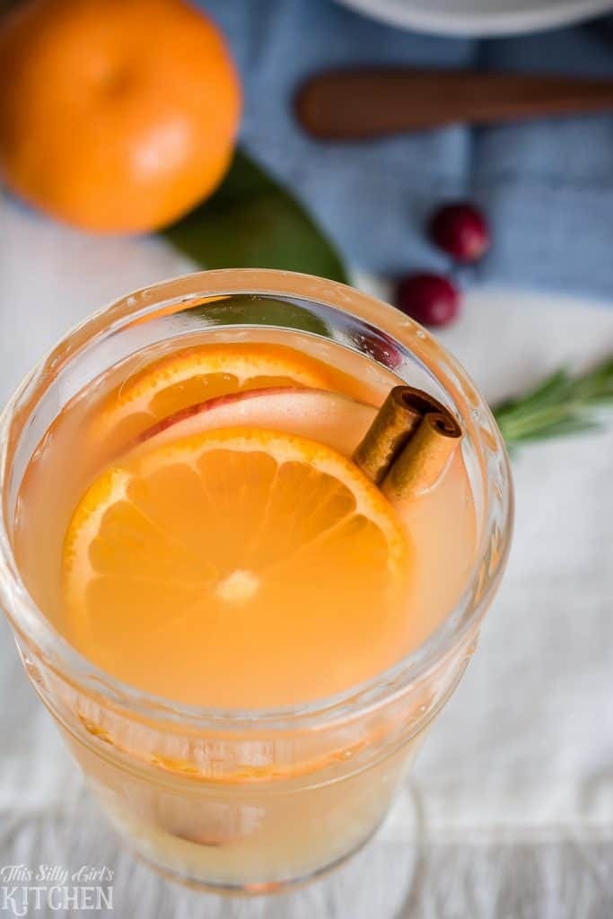 A glass of apple cider rum punch with cinnamon and orange slices. 