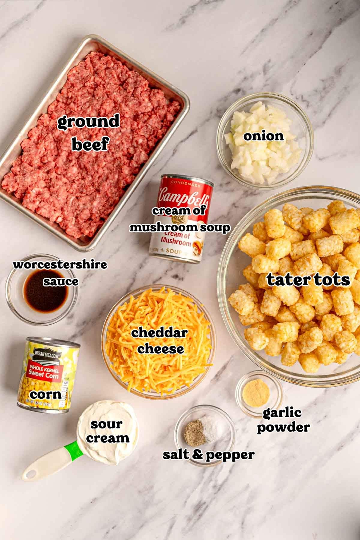 Ingredients in bowls for tater tot casserole