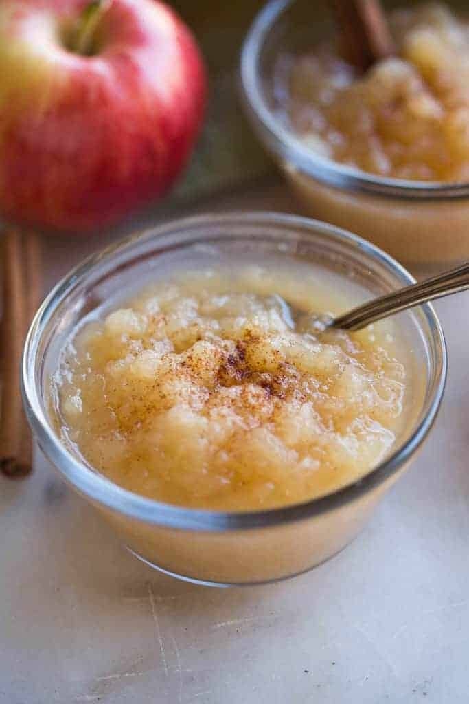 Applesauce in a a glass dish.