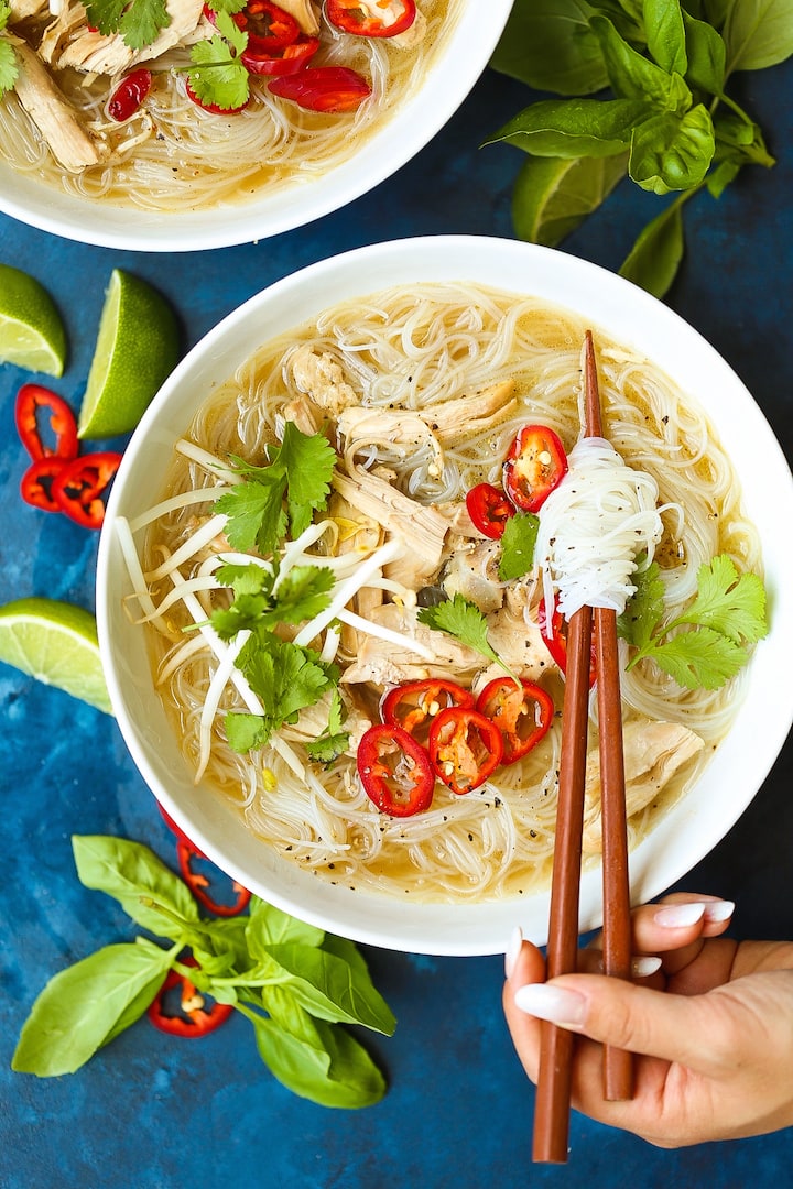 Bowl of Chicken Pho Noodles with Chicken and Vegetables