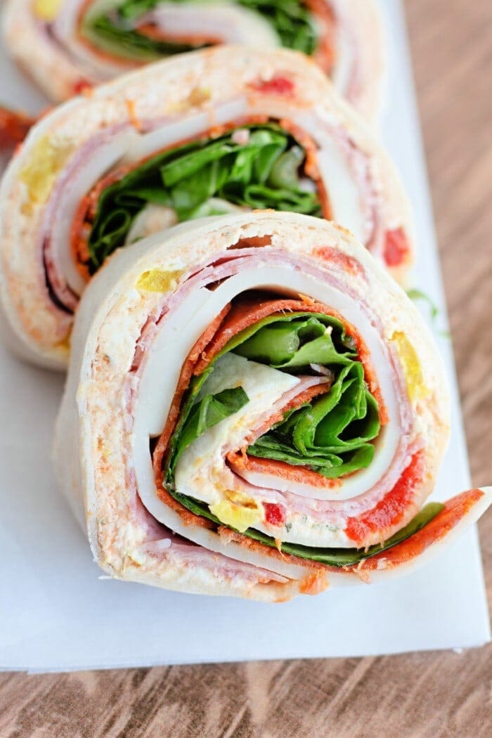 Italian Pinwheels with Cream Cheese, Parmesan, Pepperoni, Lettuce and Peppers