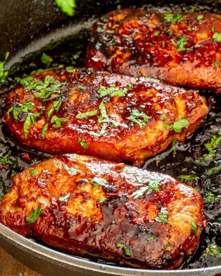 Korean style pork chops cooked in a pan. 