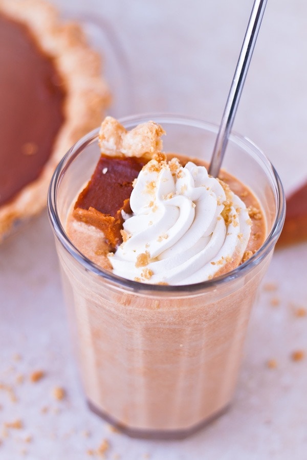 Leftover pumpkin pie milkshake with a creamy texture and warm spices.