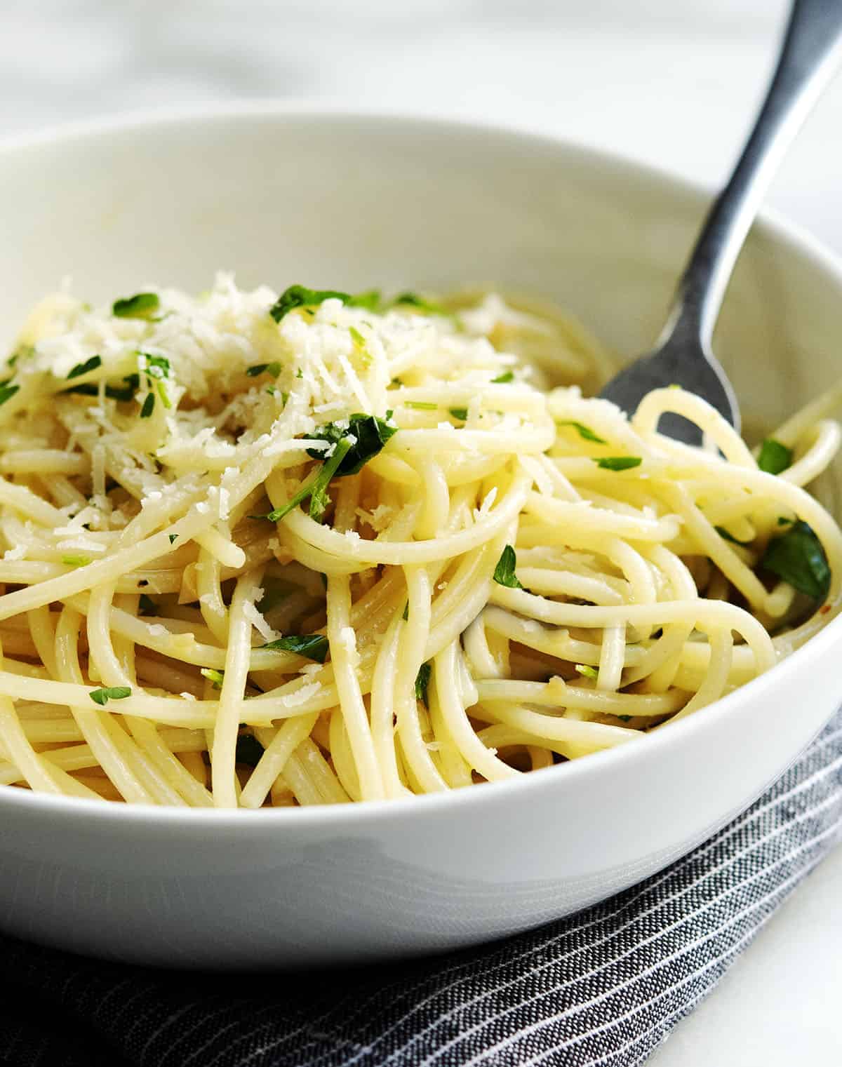 Garlic and Lemon Pasta with Herbs in a Bowl