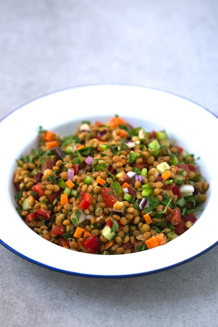 Bowl of lentil salad with peppers, cucumber, tomatoes, and carrots. 
