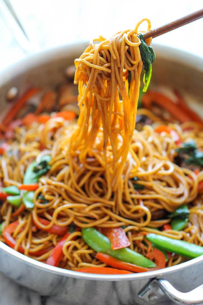 Homemade Lo Mein Noodles with Bell Peppers and Baby Spinach