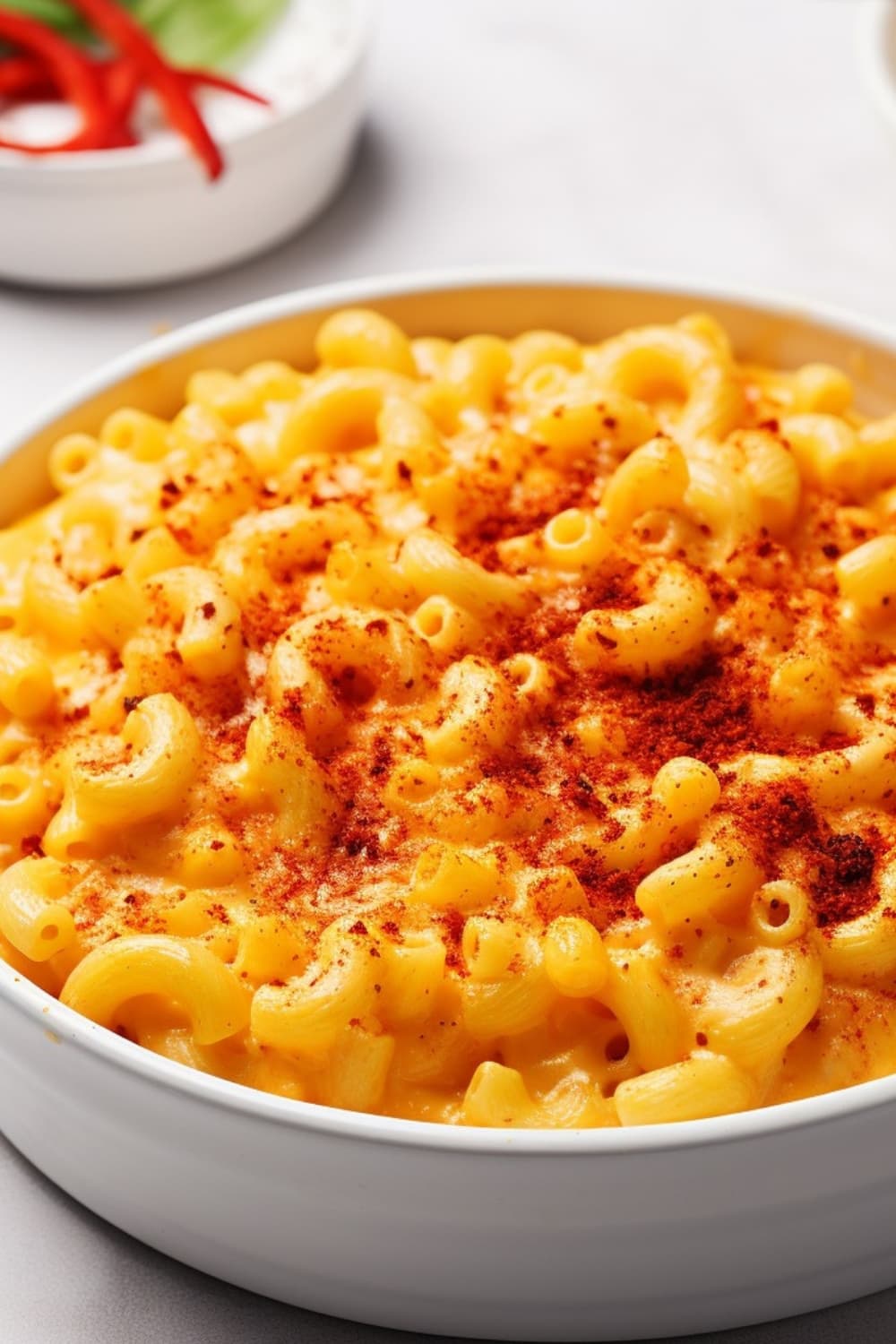 Cheesy crockpot mac and cheese in a bowl sprinkled with paprika powder on top. 