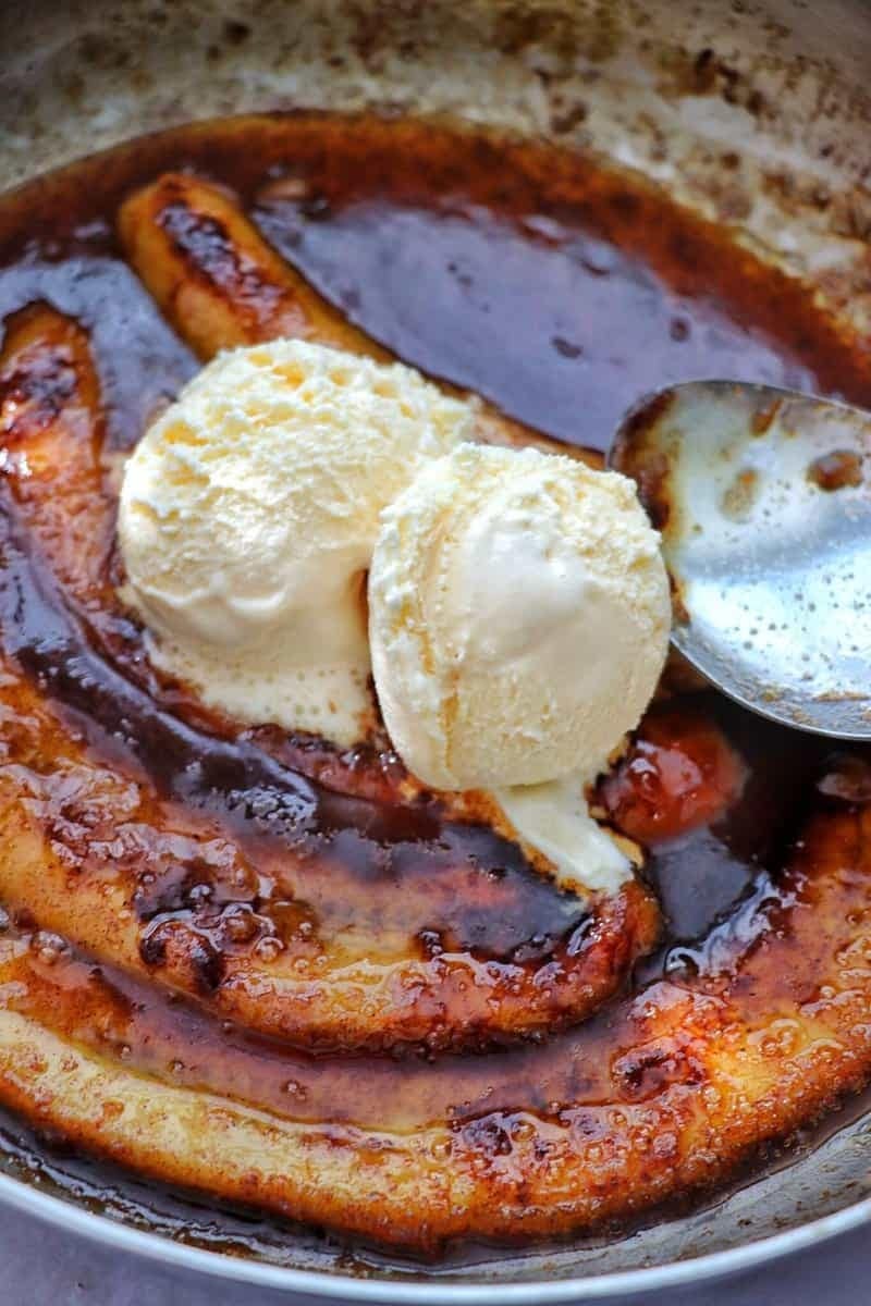 New Orleans Bananas Foster on a pan with ice cream on top