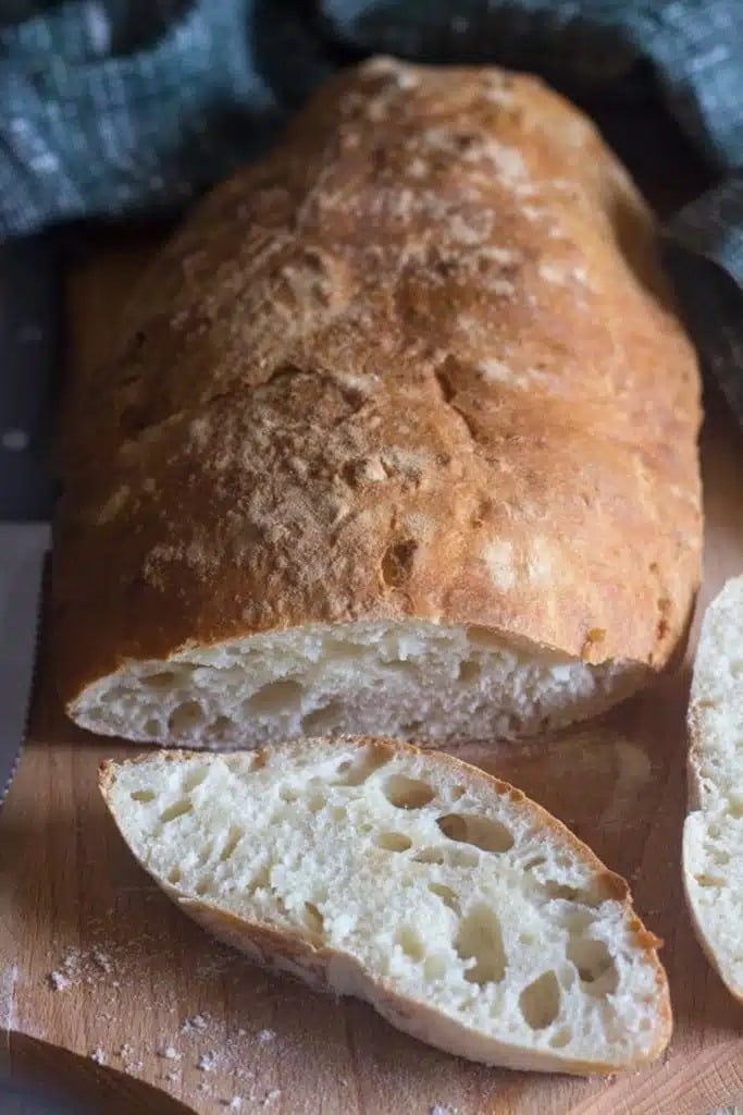 Homemade No-Knead Ciabatta Bread on a Wooden Board