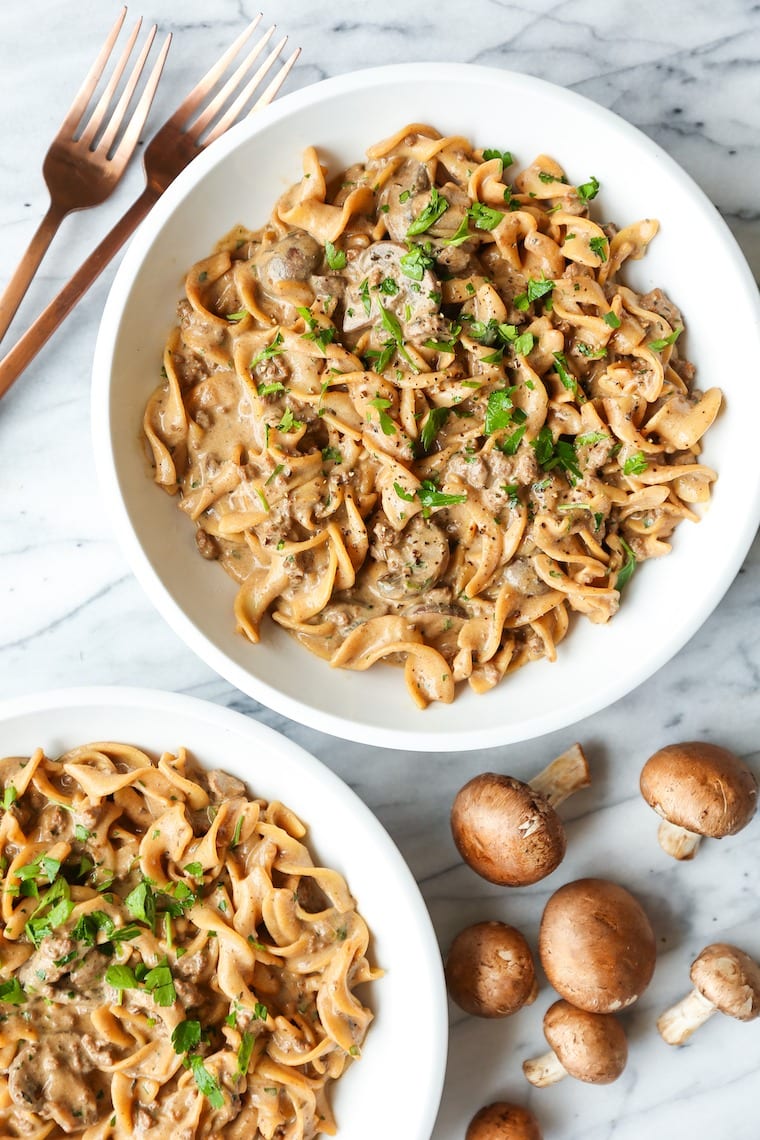 Egg noodles with beef stroganoff. 