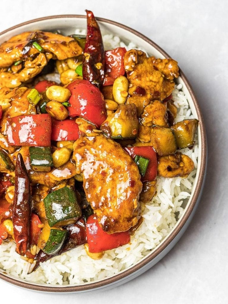 Panda express kung pao chicken copycat served on top of white rice. 