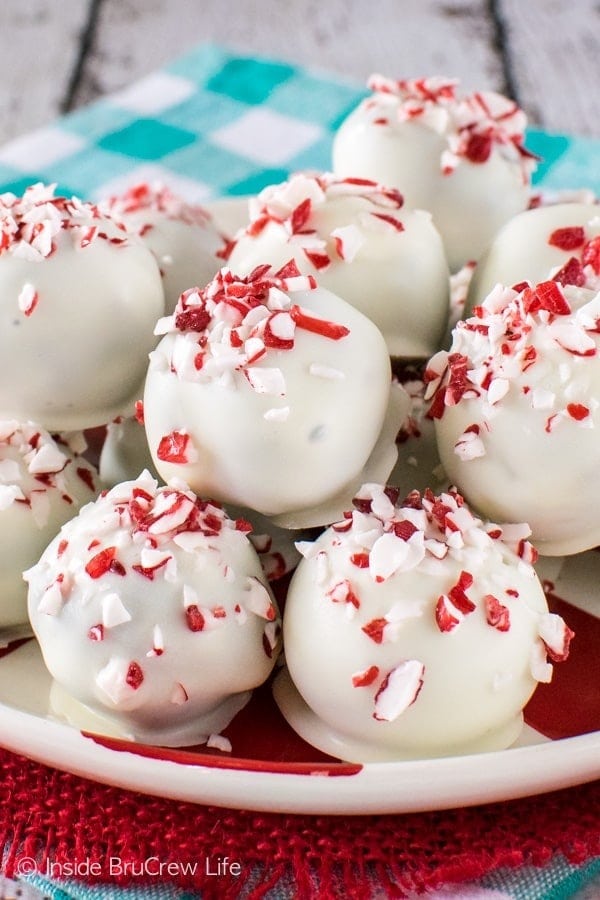 Stacks of Peppermint Brownie Truffles on a plate