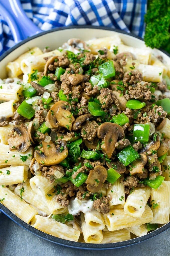 Philly Cheesesteak Pasta with Ground Beef, Mushrooms and Green Bell Peppers