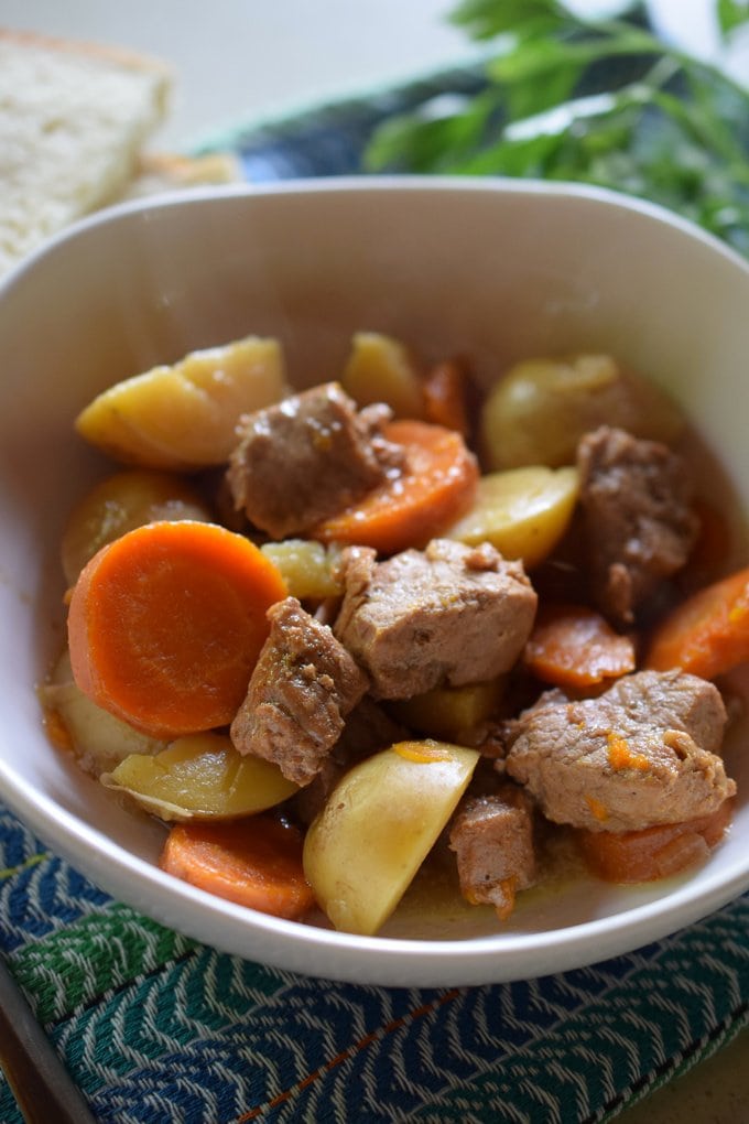 Pork Stew in a Bowl with Potatoes and Carrots