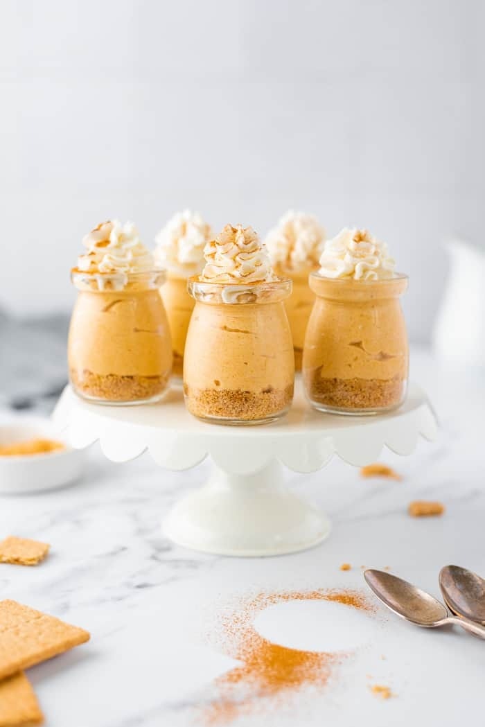 No-bake pumpkin cheesecake mousse on a cake tray. 