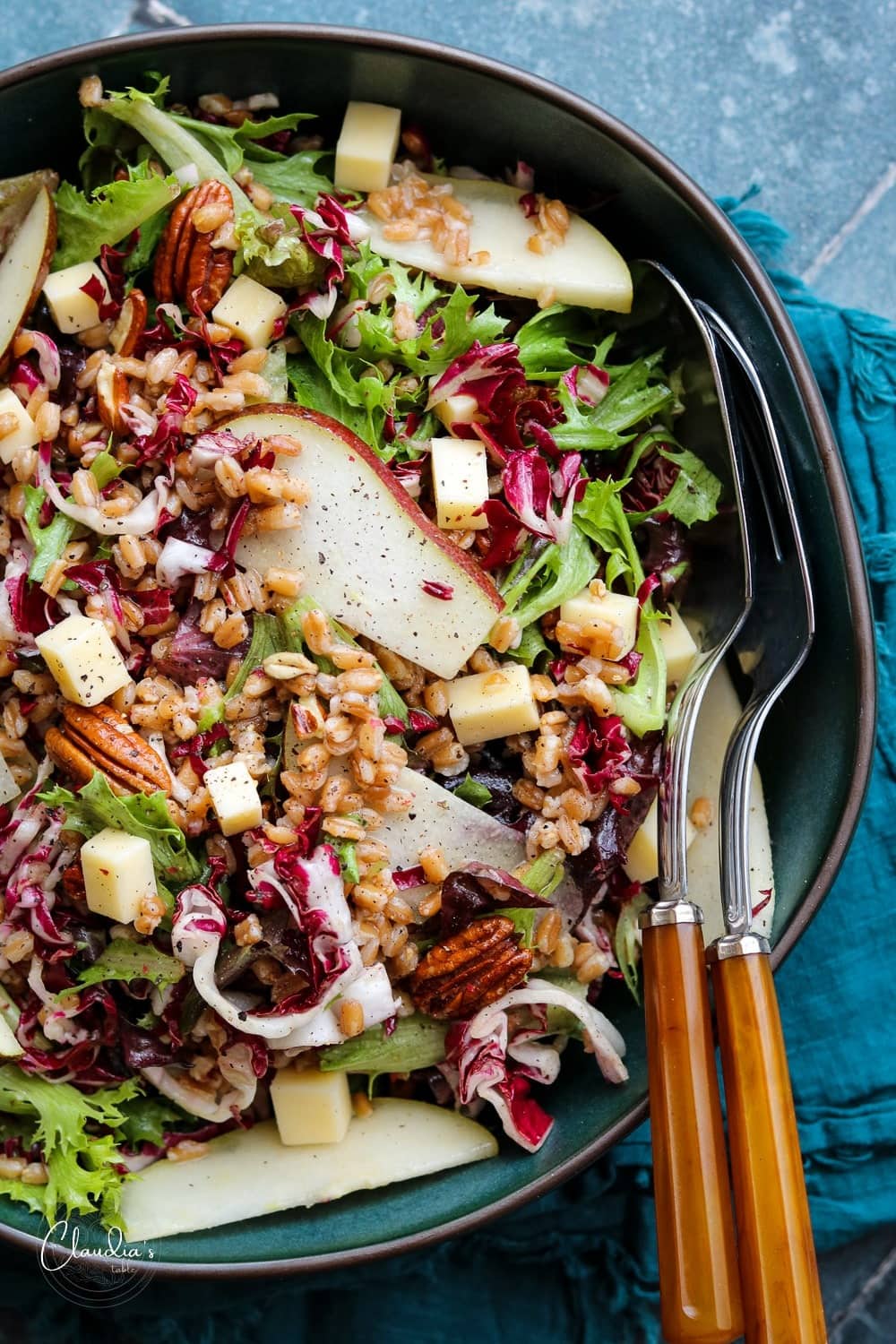 Radicchio Pear Salad with Maple Vinaigrette, cheddar, farro, and nutty pecans