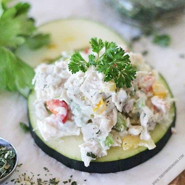 Sliced Cucumber with Ranch Chicken Salad on top