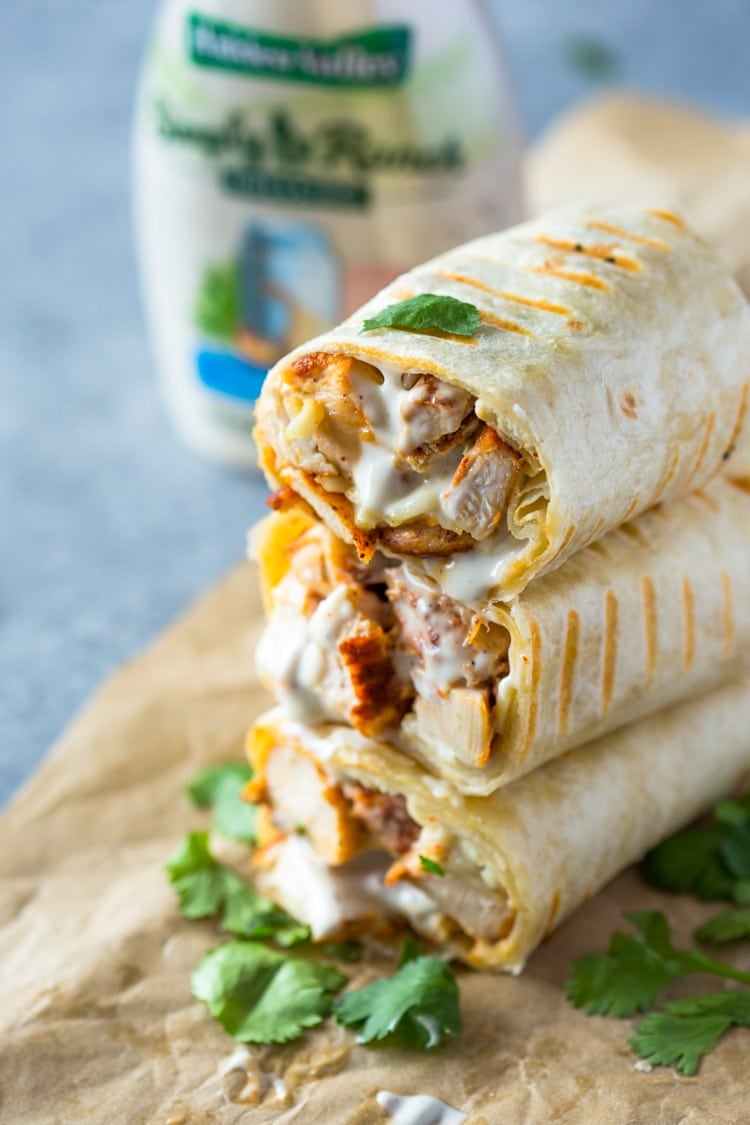 Stack of chicken ranch wrap with crunchy chicken and creamy cheese filling. 