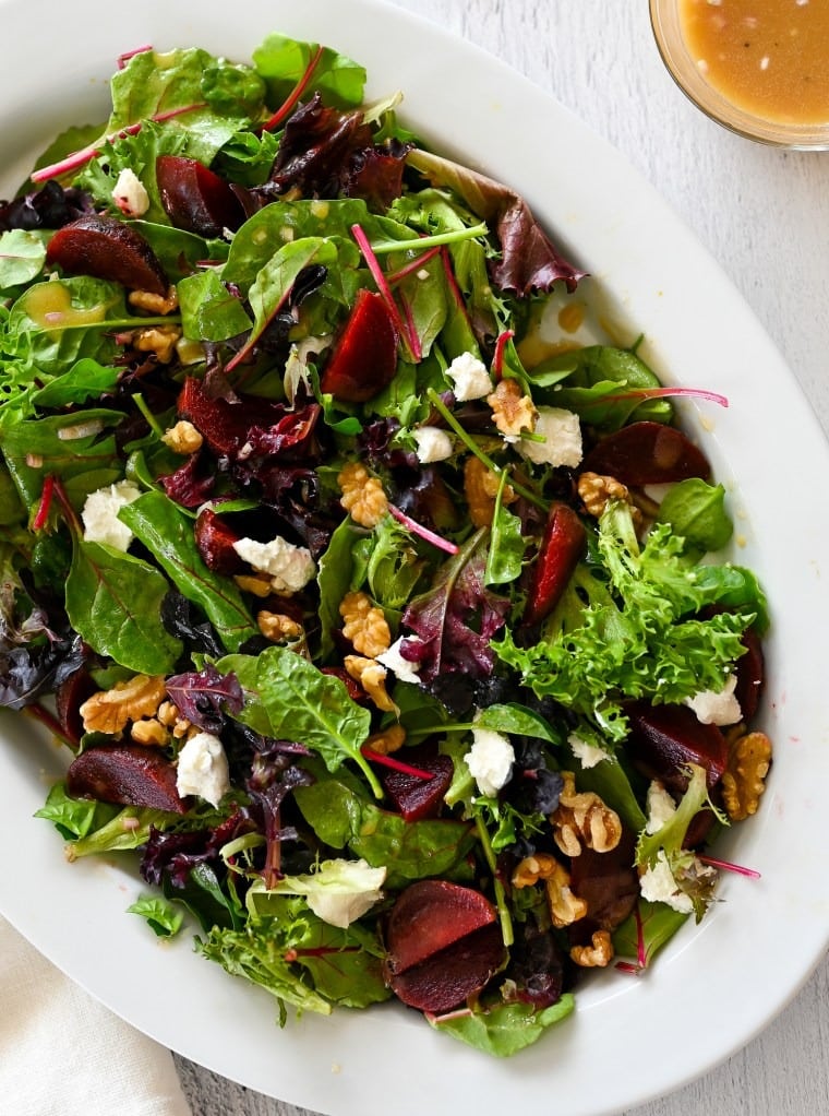 Roasted beef salad with goat cheese, beets and walnuts. 