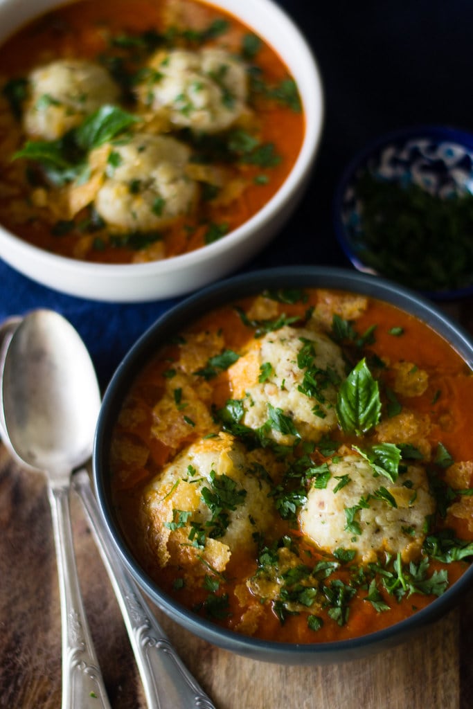 Roasted Tomato Soup with Matzo Balls in a Bowl