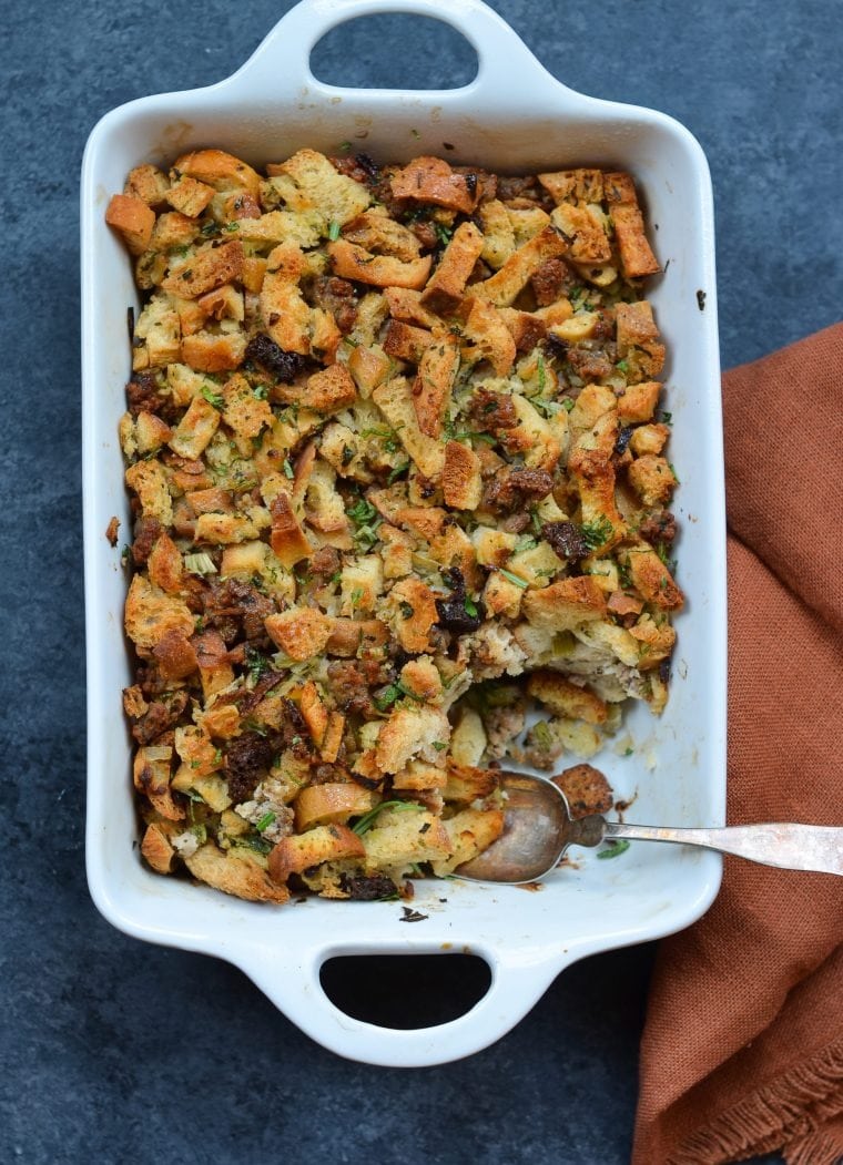 Sausage Herb Stuffing in a White Casserole