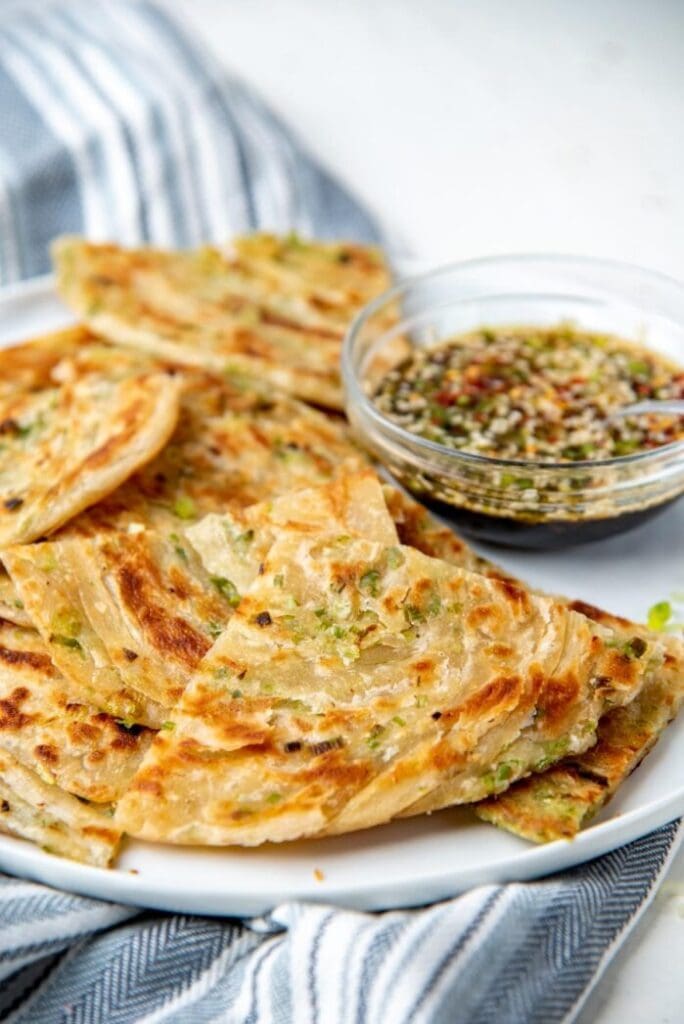 Chinese Scallion Pancakes Served with Sweet and Savory Sauce