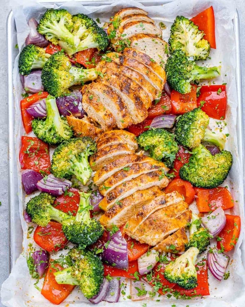 Sheet Pan Chicken with Broccoli, Tomatoes and Onions