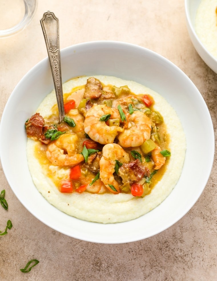 Homemade Shrimp and Grits with Bacon and Diced Bell Peppers