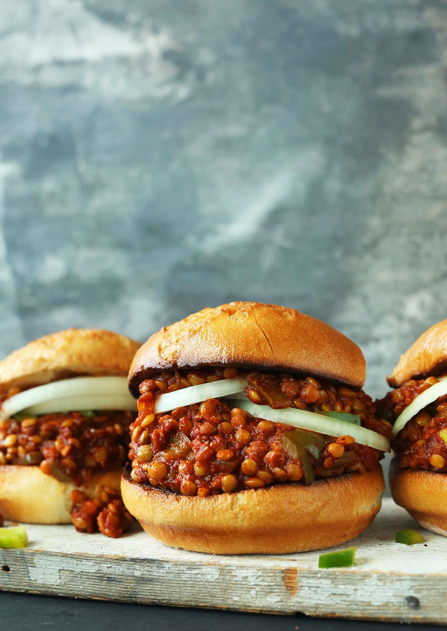 Sloppy joes with lentils and onions filling. 