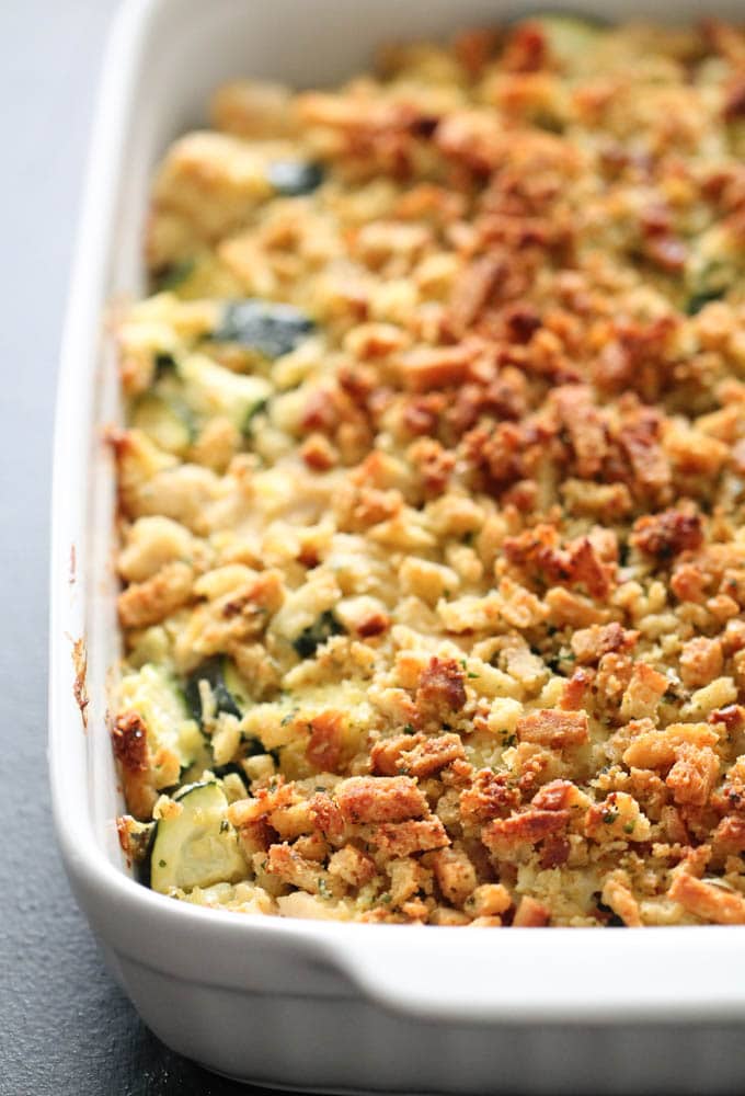 An appetizing chicken zucchini casserole dish featuring a medley of vegetables, perfectly complemented by a crispy bread crumb topping