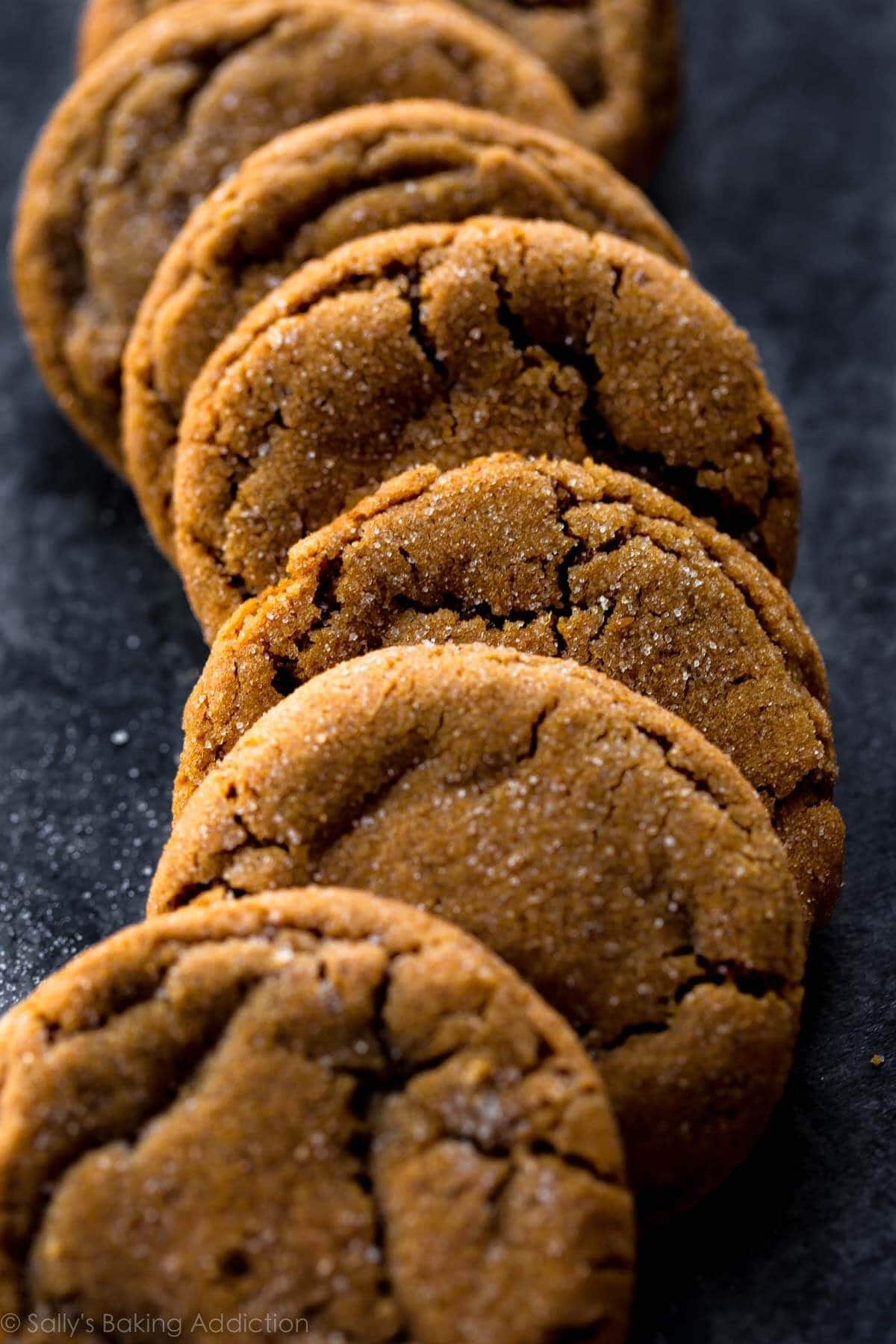 Molasses cookies sprinkled with white sugar. 
